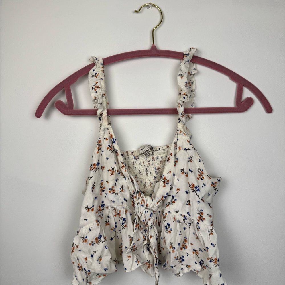 American Eagle Floral Tie Front Crop Top Size XS Boho Ruffle Tank
